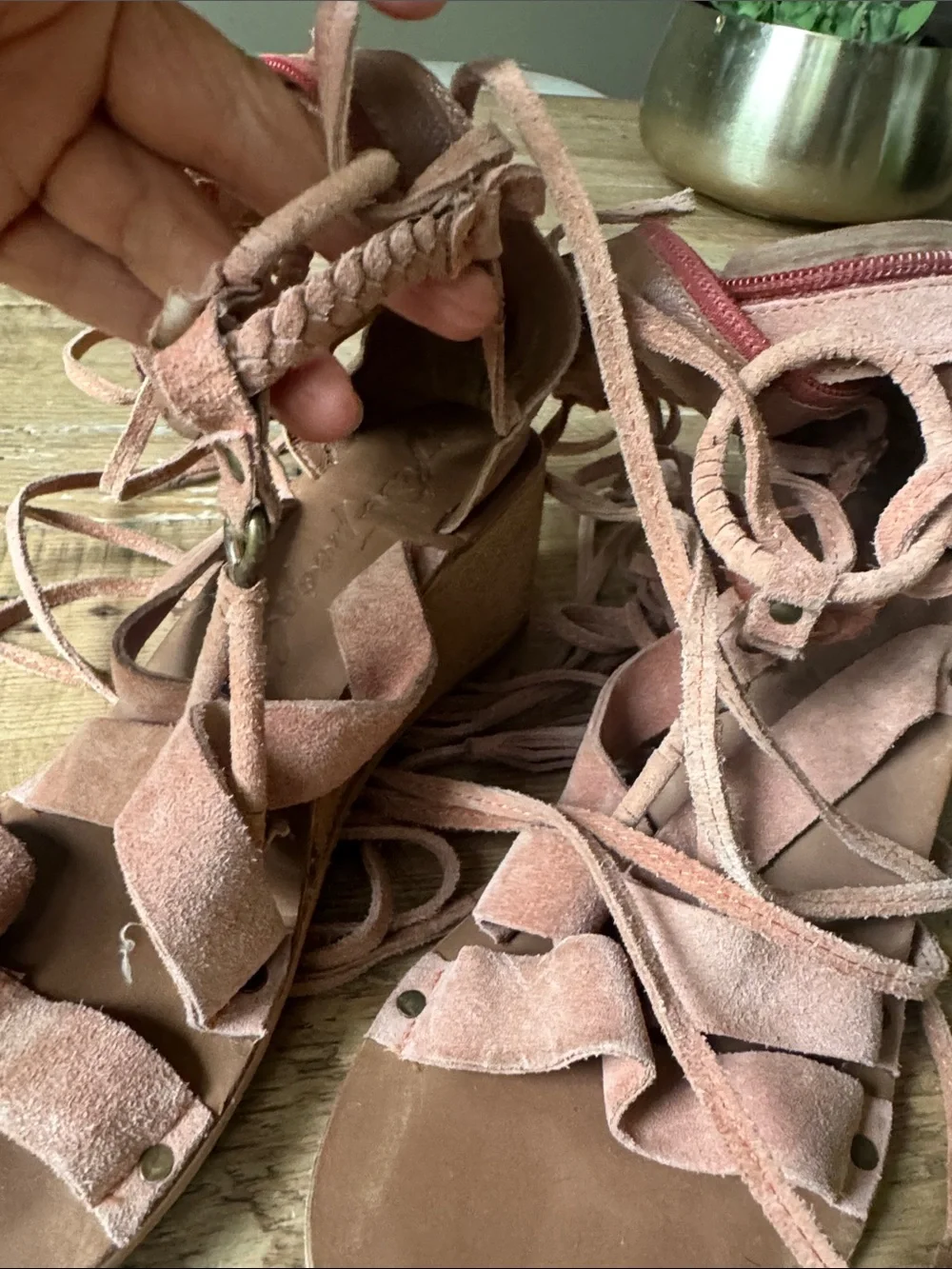 Free People Peach Lace-Up Gladiator Wedge Sandals